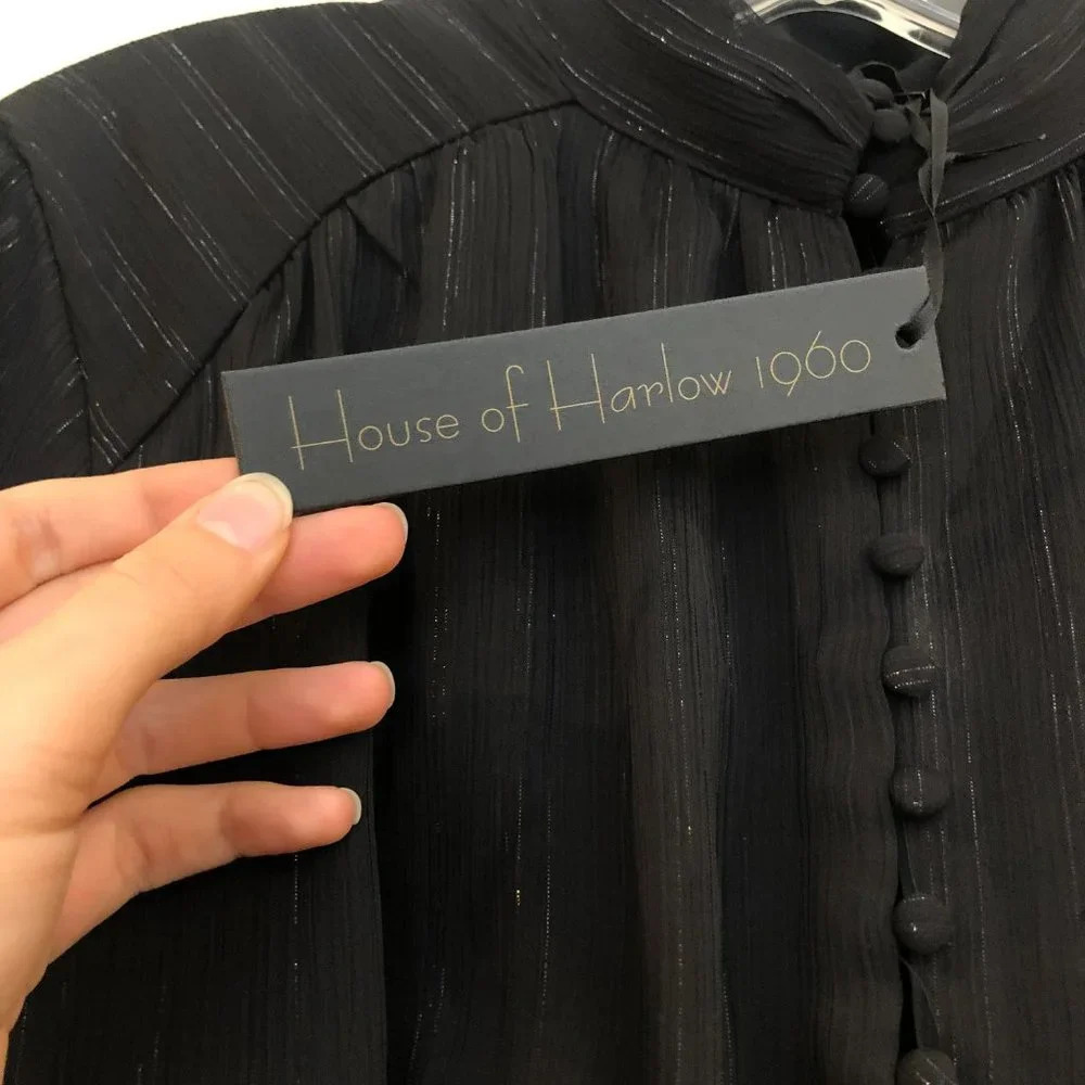 NEW House of Harlow 1960 Black Ruched Long Sleeve Mini Cocktail Dress 4 NWT - Picture 4 of 7